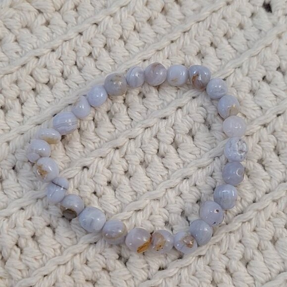 Blue Lace Agate Gemstone Bracelet | 8-12mm Tumbled Crystal Stretch Jewelry - Picture 1 of 7